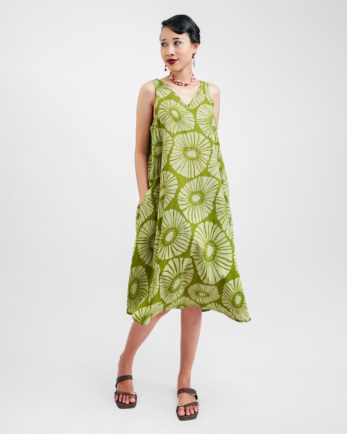Flowers Avocado Organic Cotton Semi Swing Dress, 3 Sizes