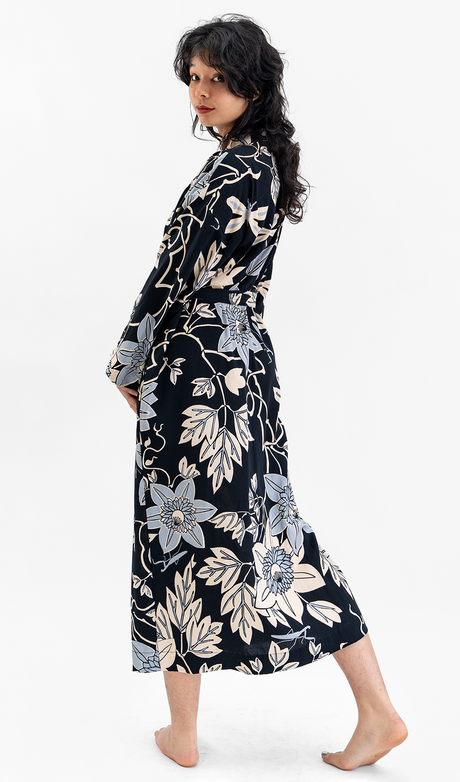 Jubah Kimono Rayon Onyx Bunga Gairah Besar