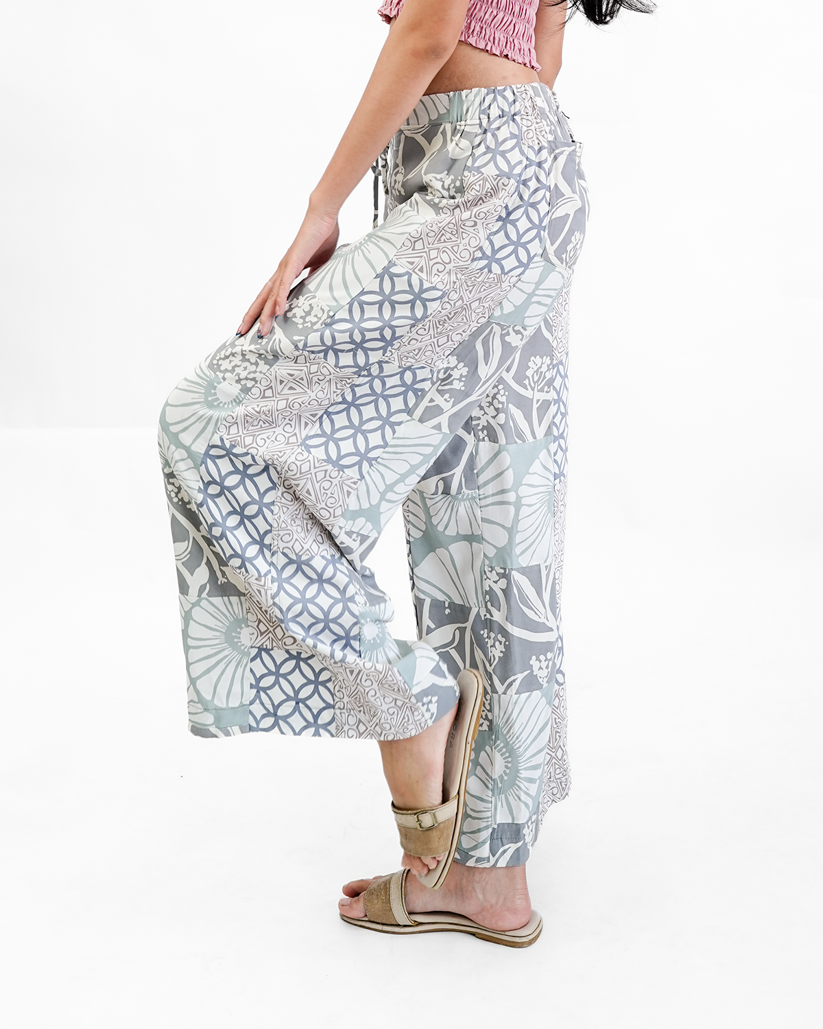 Beige Grey Patchwork Rayon Long Piazza Pants, 3 sizes