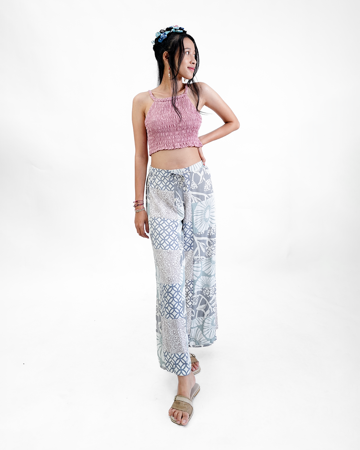Beige Grey Patchwork Rayon Long Piazza Pants, 3 sizes