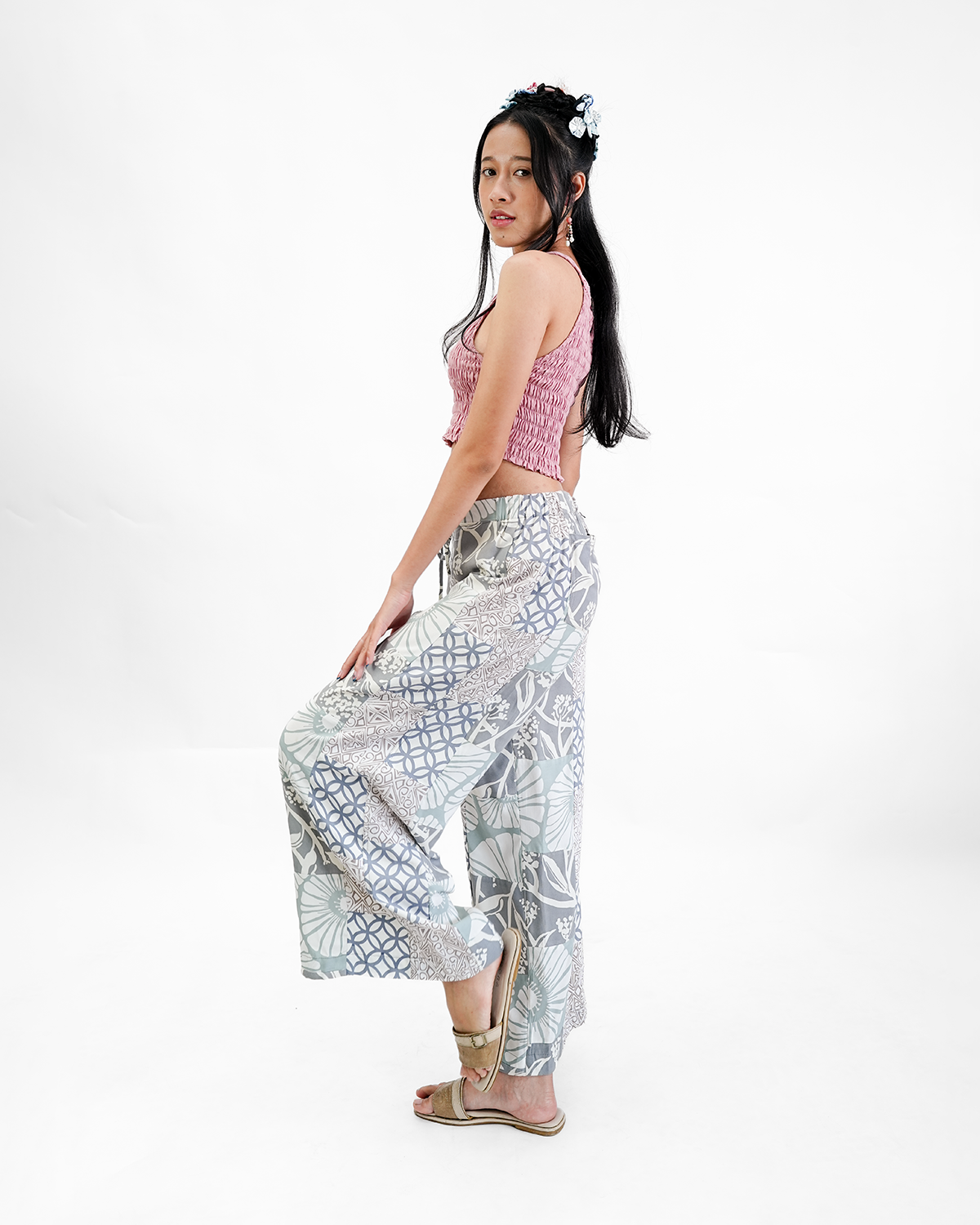 Beige Grey Patchwork Rayon Long Piazza Pants, 3 sizes