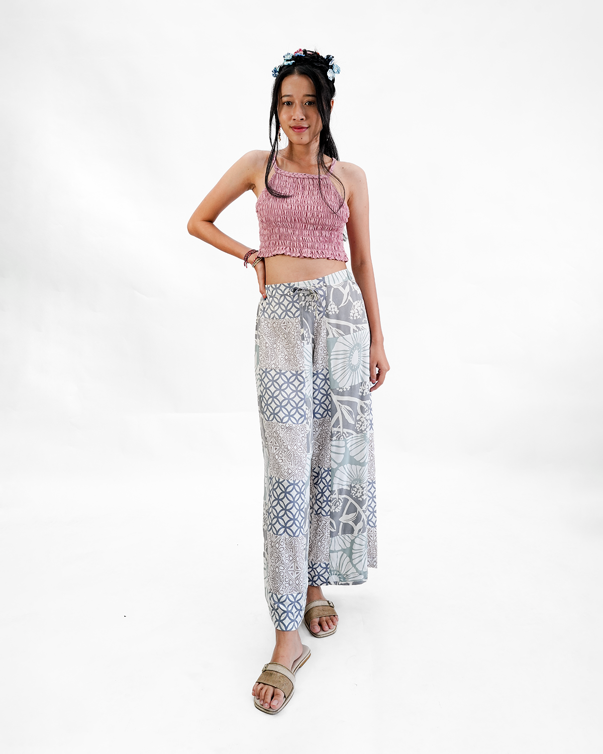 Beige Grey Patchwork Rayon Long Piazza Pants, 3 sizes