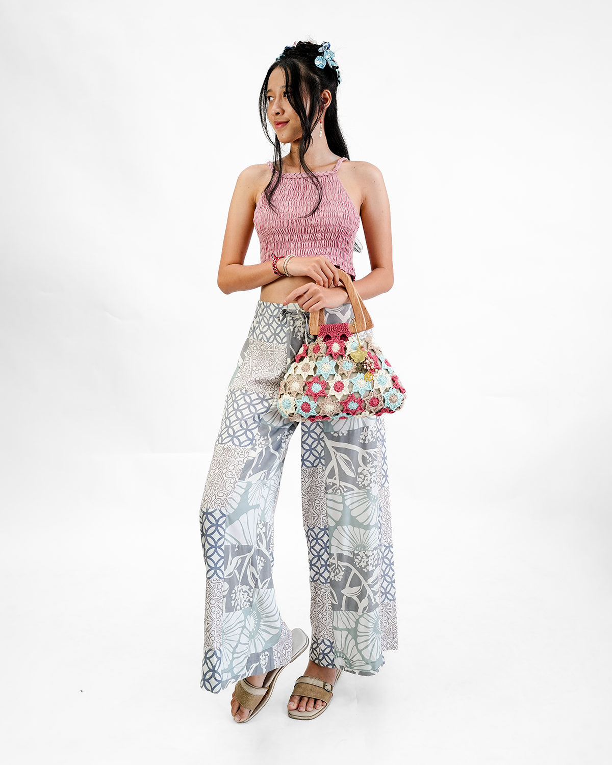 Beige Grey Patchwork Rayon Long Piazza Pants, 3 sizes