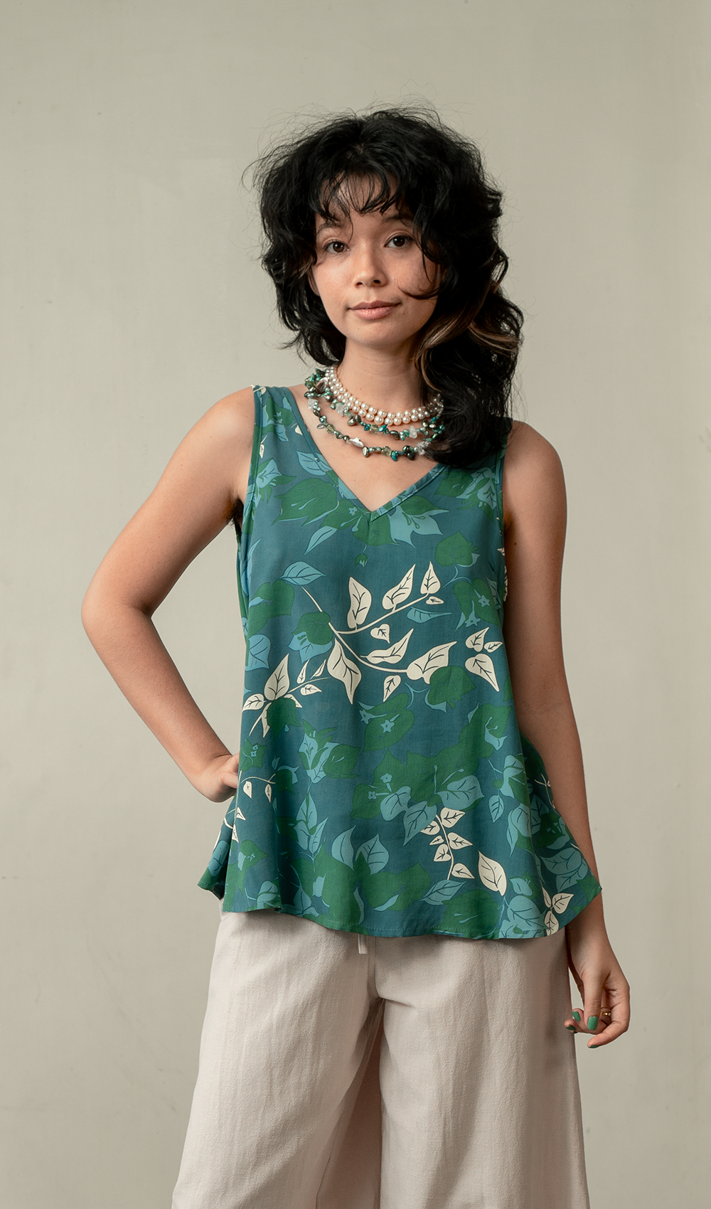 Bougainvillea Moss Rayon V Neck Swing Top, 2 Sizes