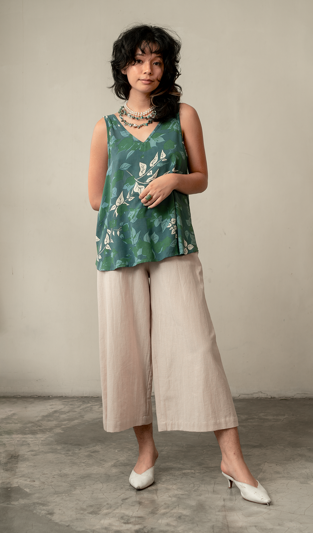 Bougainvillea Moss Rayon V Neck Swing Top, 2 Sizes