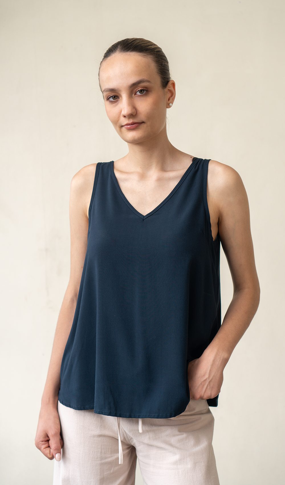 Navy Rayon V Neck Swing Top, 2 Sizes