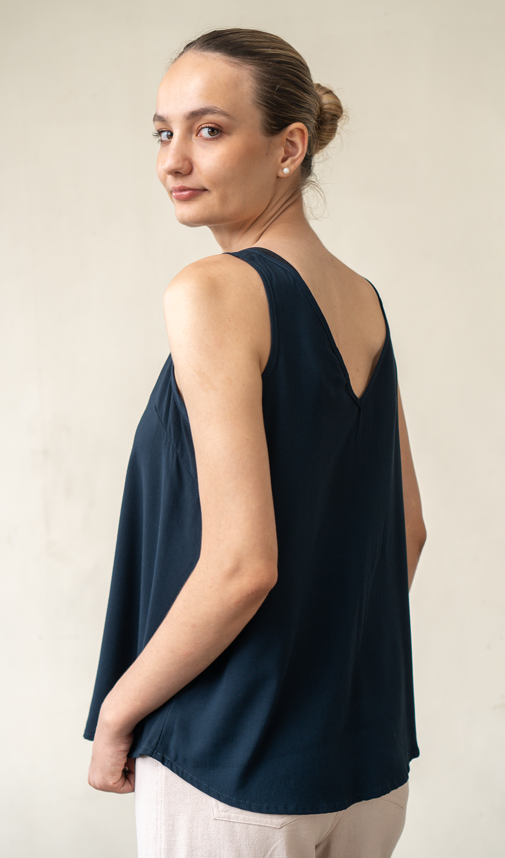 Navy Rayon V Neck Swing Top, 2 Sizes