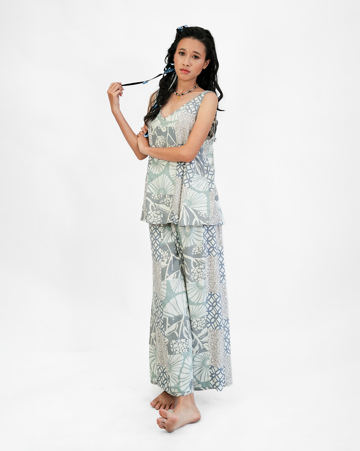 Beige Grey Patchwork Rayon Long Piazza Pants, 3 sizes