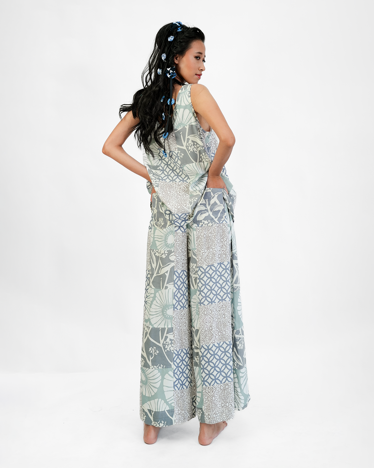 Beige Grey Patchwork Rayon Long Piazza Pants, 3 sizes