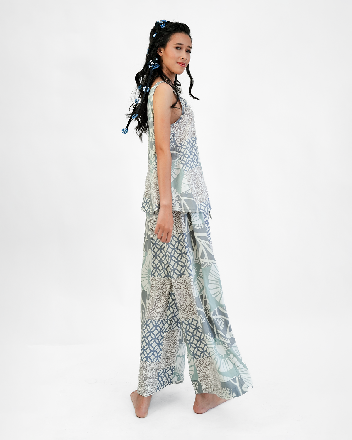 Beige Grey Patchwork Rayon Long Piazza Pants, 3 sizes