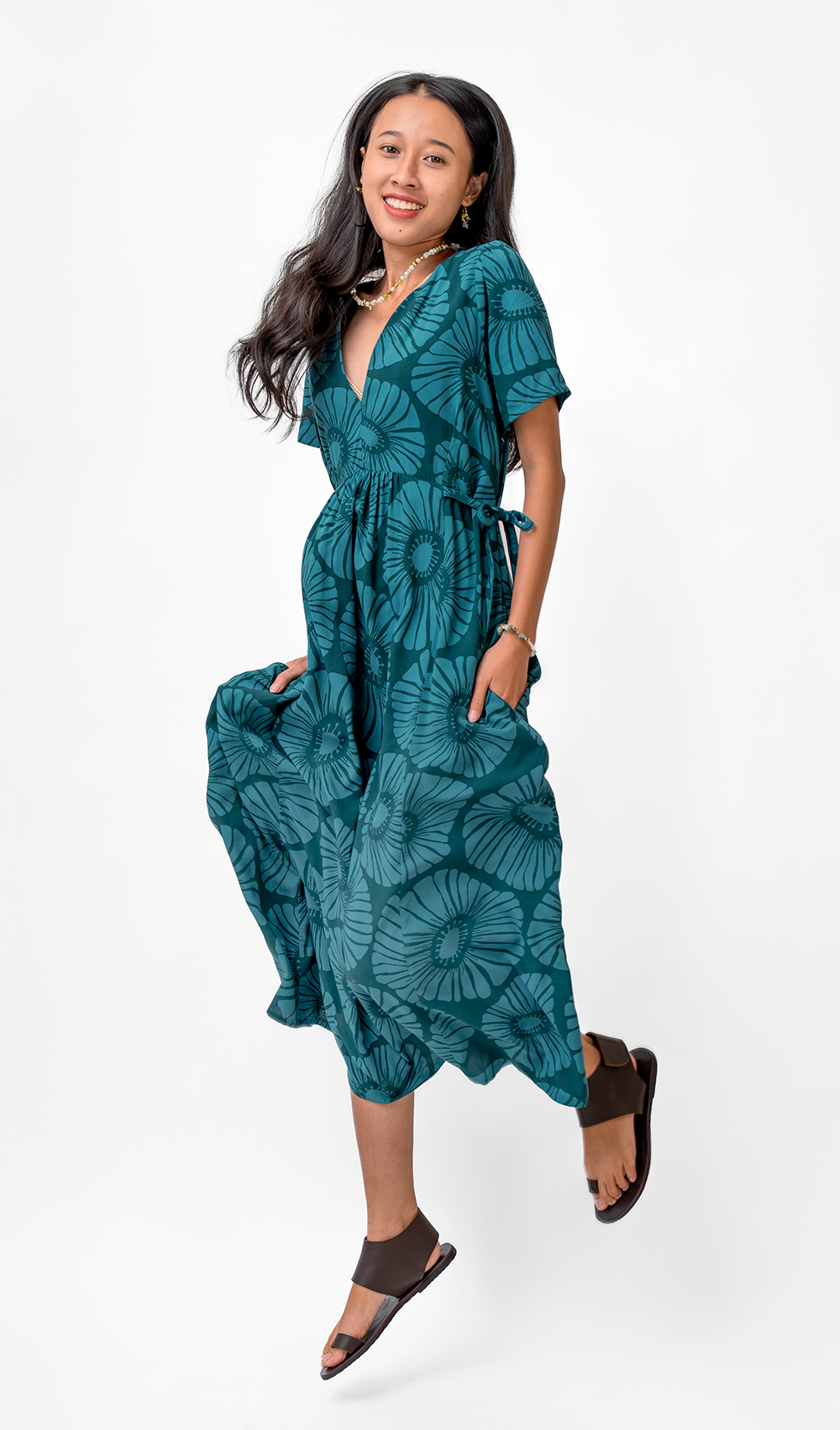 Gaun Rayon Teal Gelap Bunga Retro, 3 ukuran