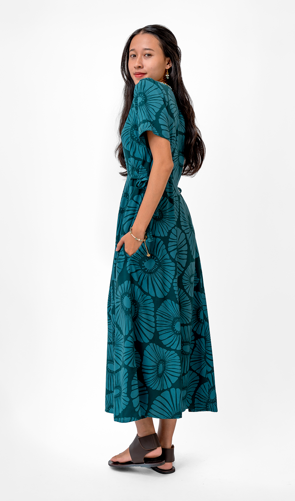 Gaun Rayon Teal Gelap Bunga Retro, 3 ukuran
