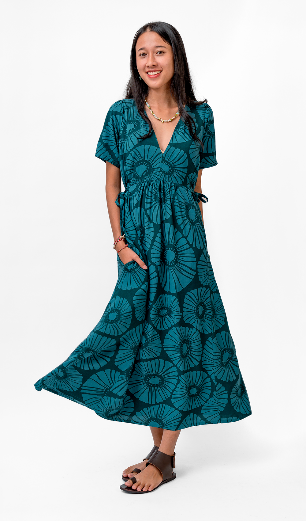 Gaun Rayon Teal Gelap Bunga Retro, 3 ukuran