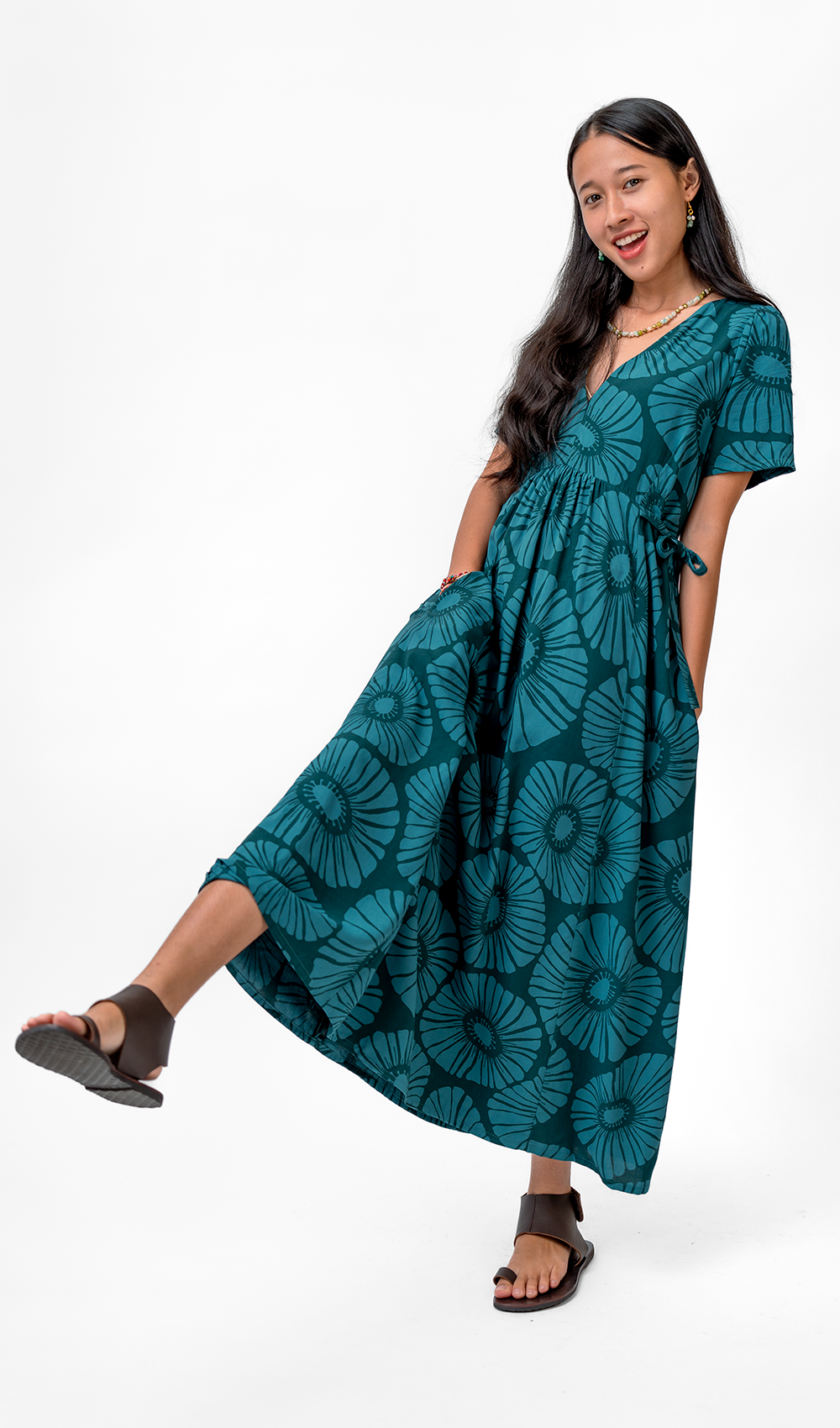 Gaun Rayon Teal Gelap Bunga Retro, 3 ukuran