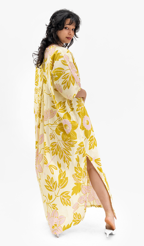 Gaun Kaftan Katun Organik Chartreuse, 1 ukuran