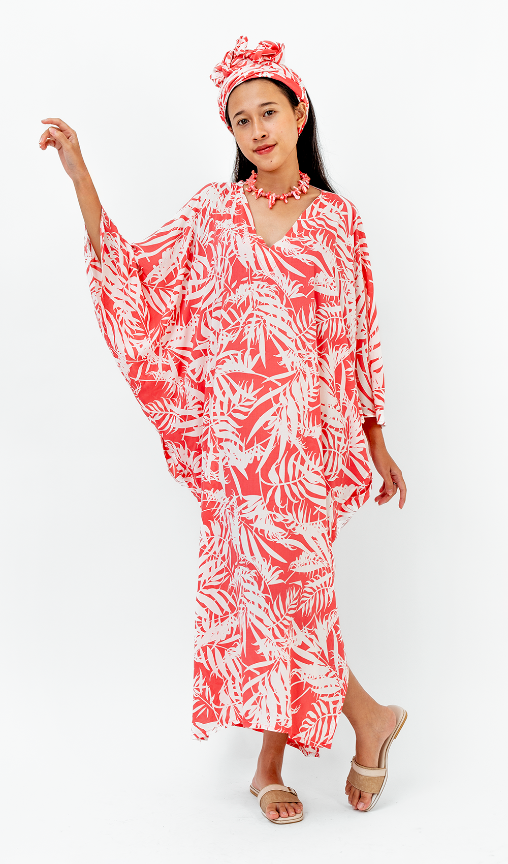 Gaun Kaftan Eco-Rayon Warna Coral Cerah Palm, 1 ukuran - PAKAIAN & ANAK-ANAK DISKON