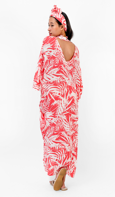 Gaun Kaftan Eco-Rayon Palm Bright Coral, 1 ukuran