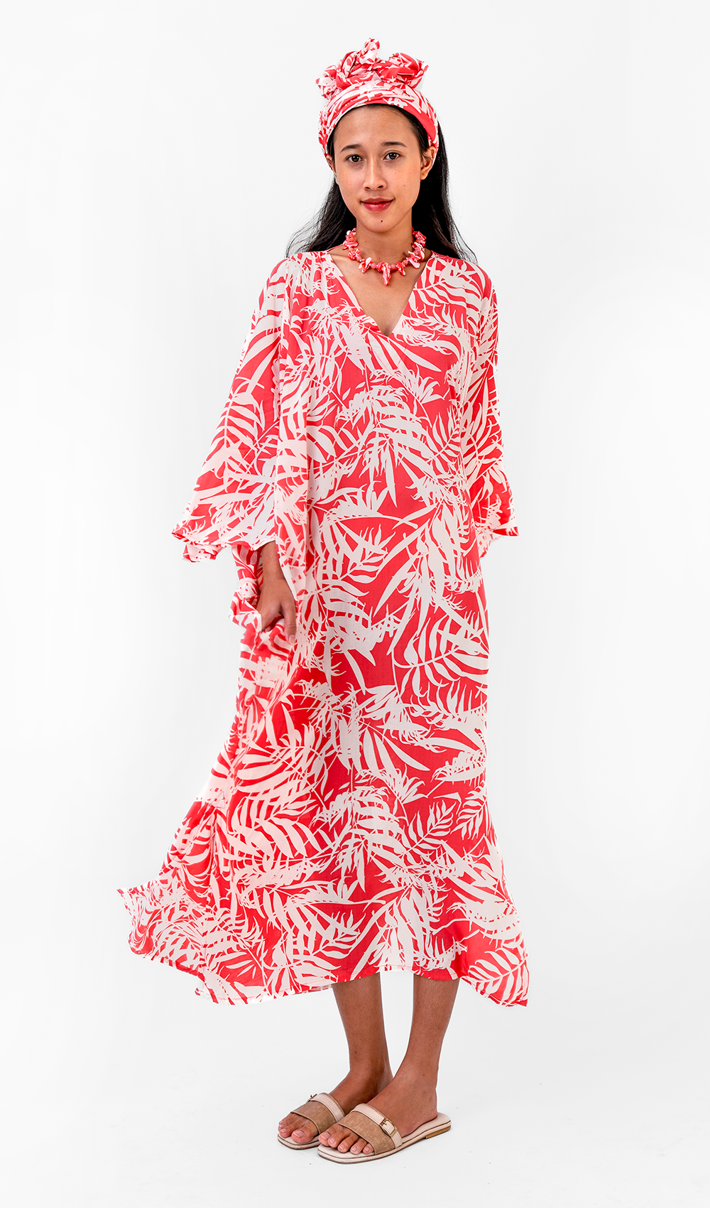 Gaun Kaftan Eco-Rayon Warna Coral Cerah Palm, 1 ukuran - PAKAIAN & ANAK-ANAK DISKON