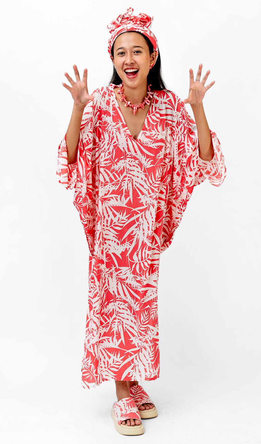 Gaun Kaftan Eco-Rayon Warna Coral Cerah Palm, 1 ukuran - PAKAIAN & ANAK-ANAK DISKON