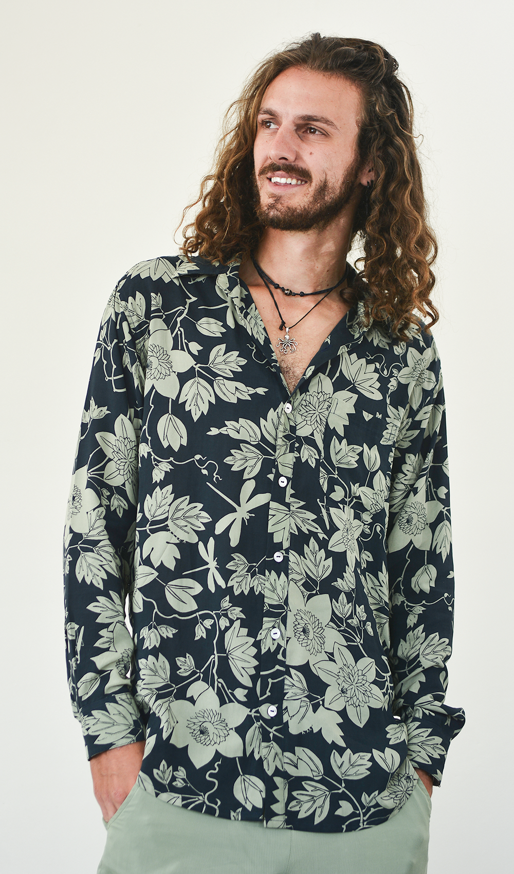 Eco-Rayon Button Down - Passion flower Lichen Indigo - SALE CLOTHING & KIDS