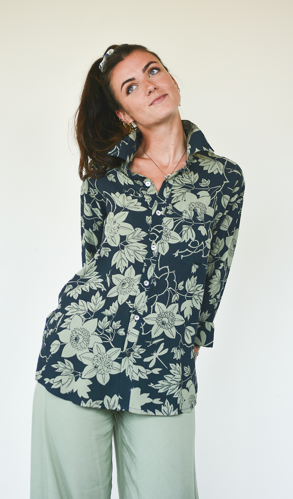 Eco-Rayon Button Down - Passion flower Lichen Indigo - SALE CLOTHING & KIDS