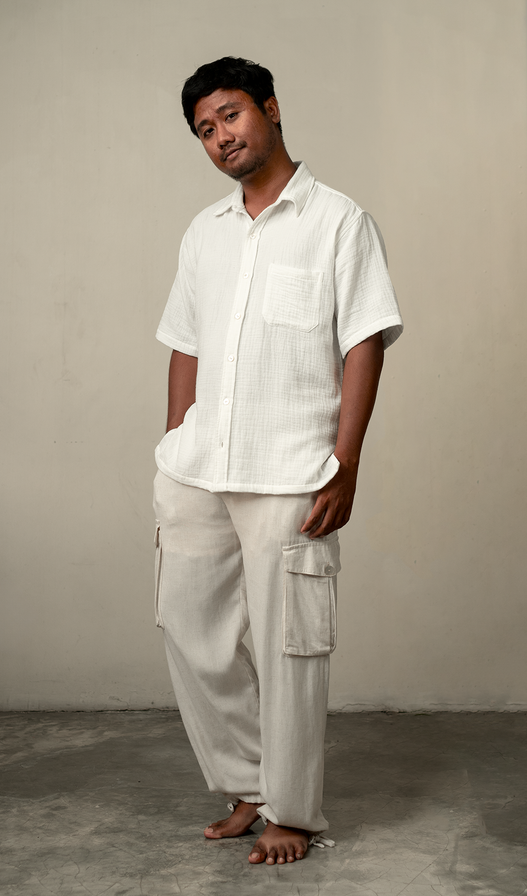 Kemeja Pria Lengan Pendek Katun Berkerut Putih, 4 Ukuran - PAKAIAN DISKON & ANAK-ANAK