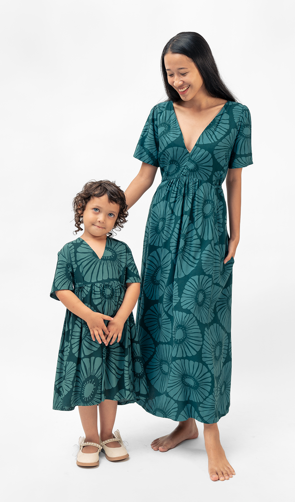 Gaun Rayon Teal Gelap Bunga Retro, 3 ukuran