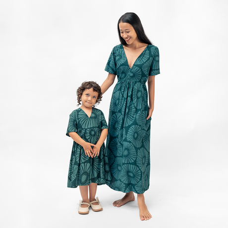 Gaun Anak Perempuan Retro Flowers Dark Teal, 4 ukuran