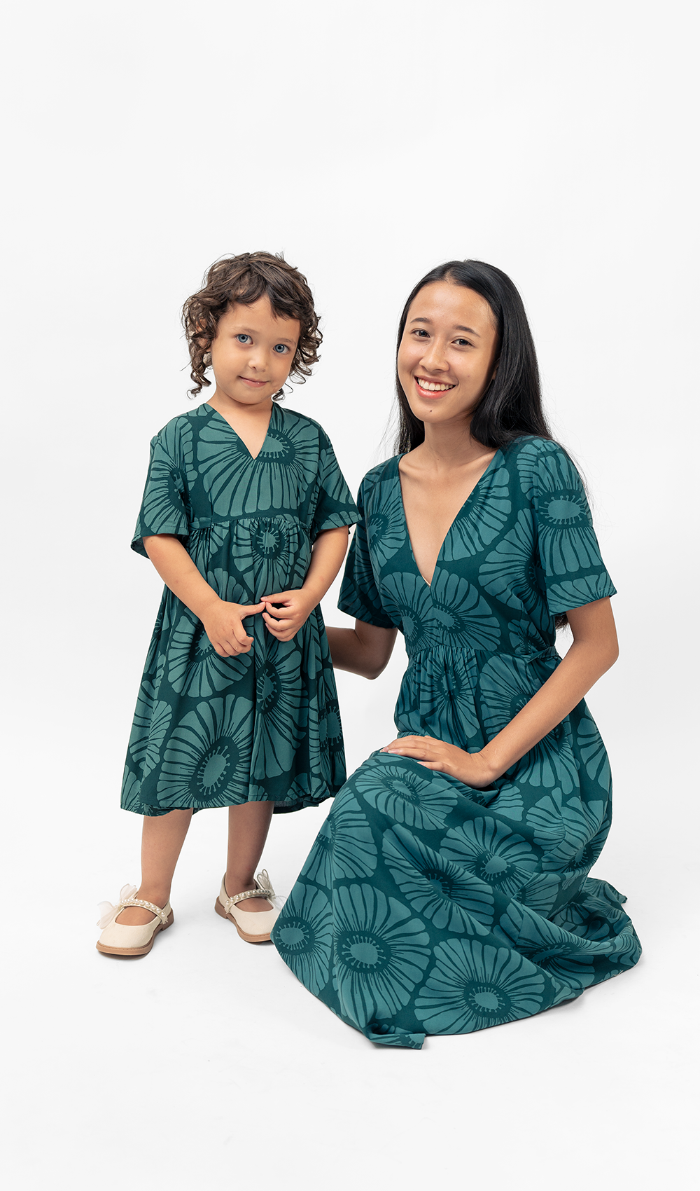 Gaun Rayon Teal Gelap Bunga Retro, 3 ukuran