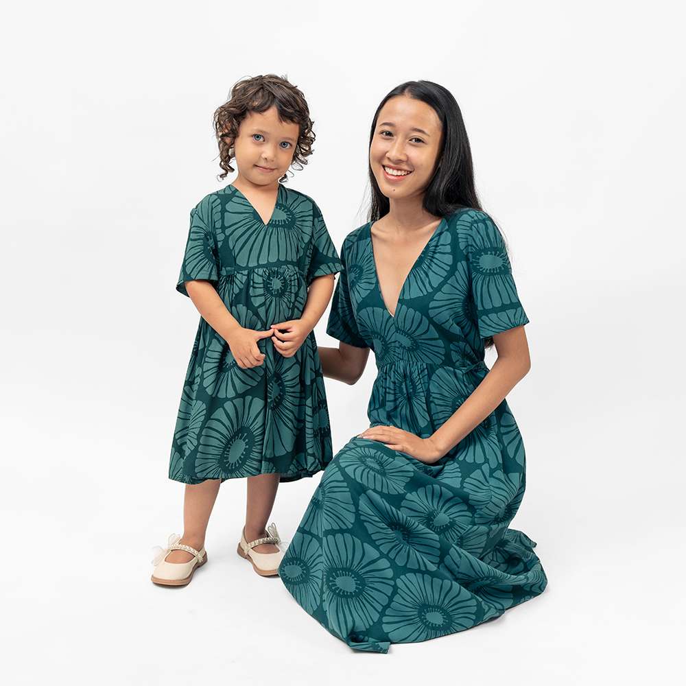 Retro Flowers Dark Teal Girl's Frock Dress, 4 sizes - SALE CLOTHING & KIDS - SALE CLOTHING & KIDS