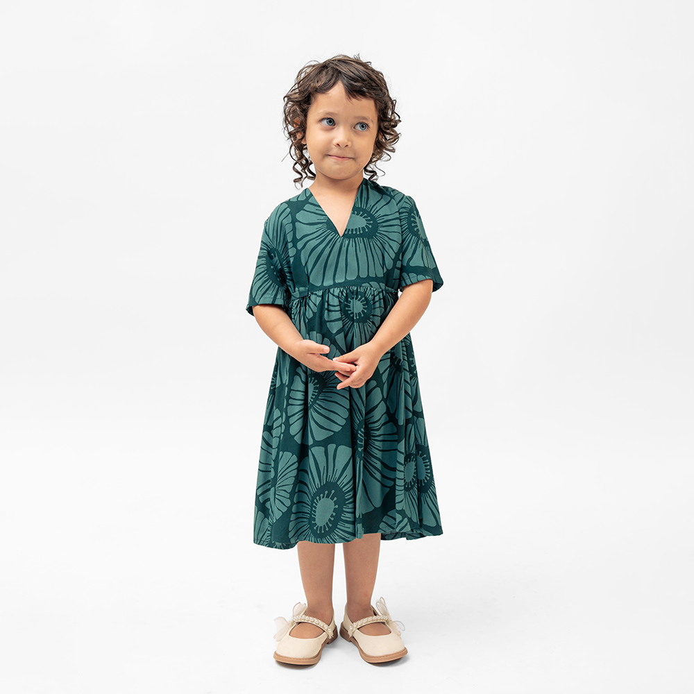 Retro Flowers Dark Teal Girl's Frock Dress, 4 sizes - SALE CLOTHING & KIDS - SALE CLOTHING & KIDS