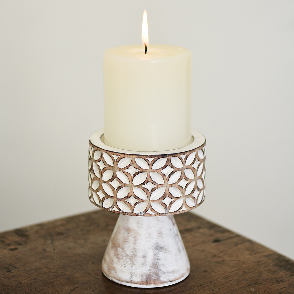 Carved Whitewash Candle Holder