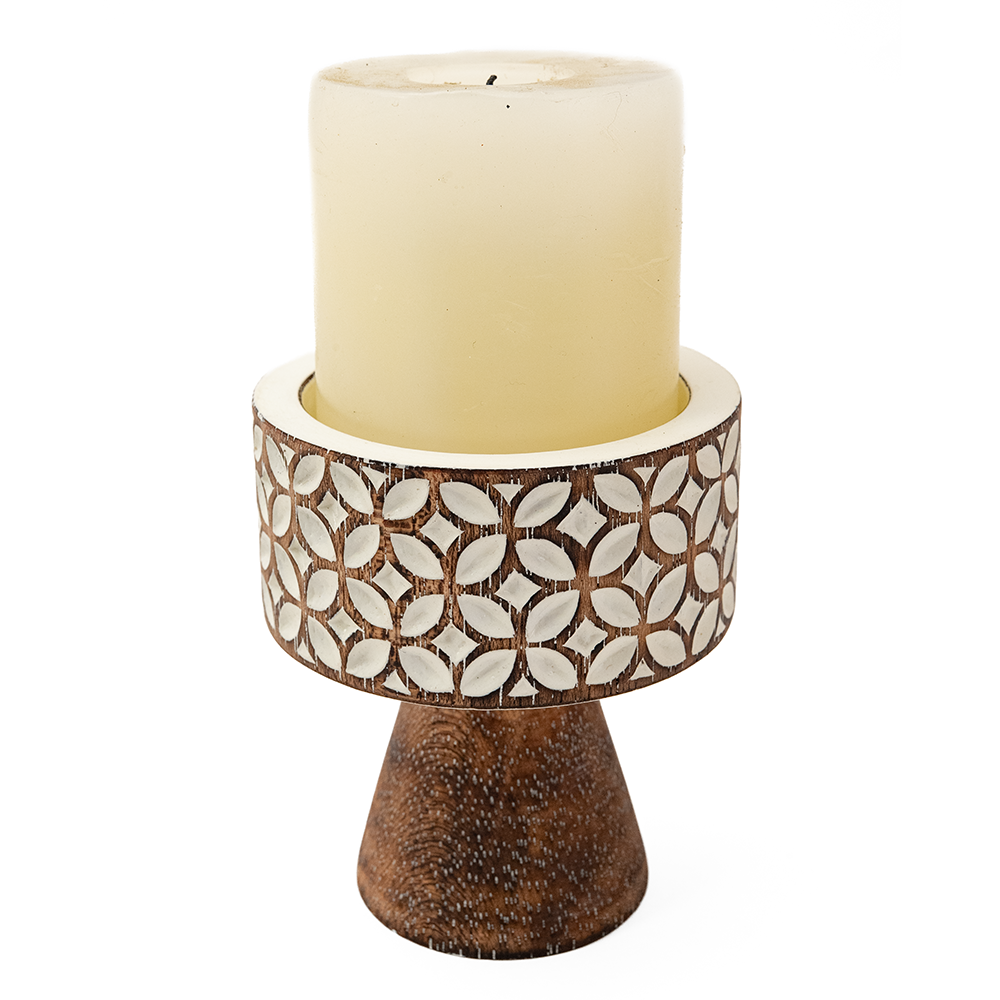 Carved Taupe Candle Holder