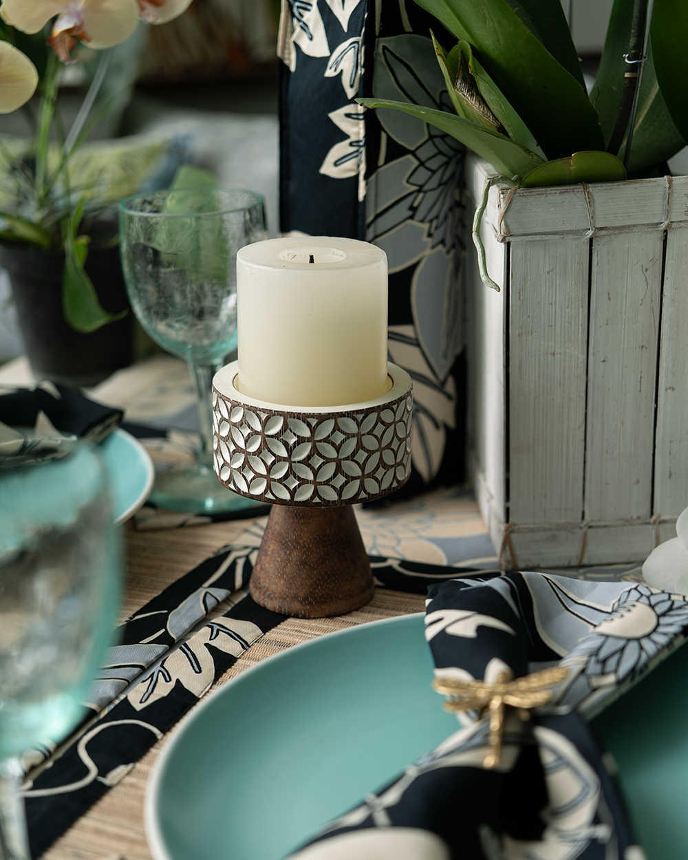Carved Taupe Candle Holder