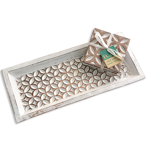 Nampan Mini Kayu Ukir - Cat Putih - SALE HOMEWARES