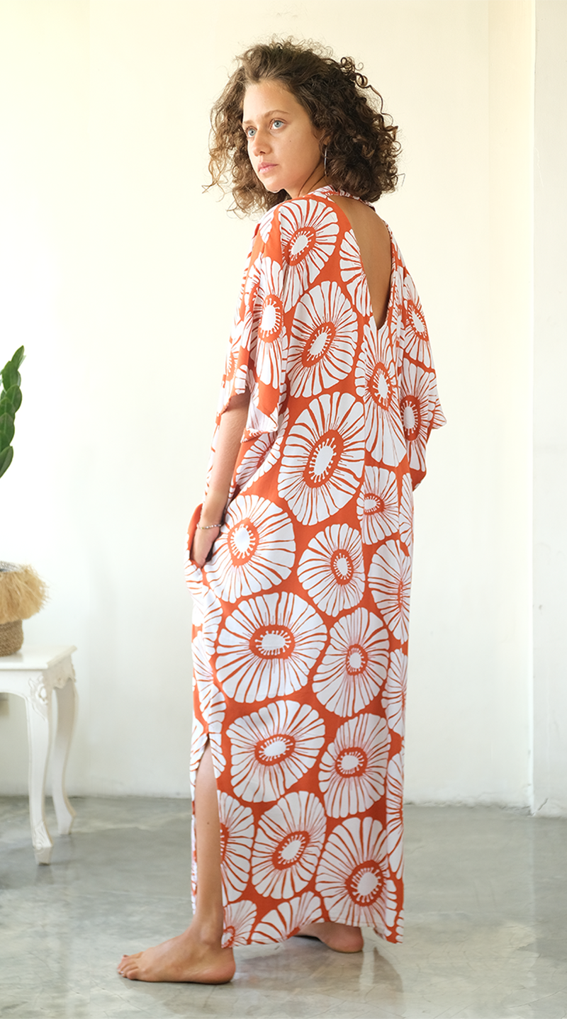 Retro Flower Rust Kaftan Dress, 1 size - SALE CLOTHING & KIDS