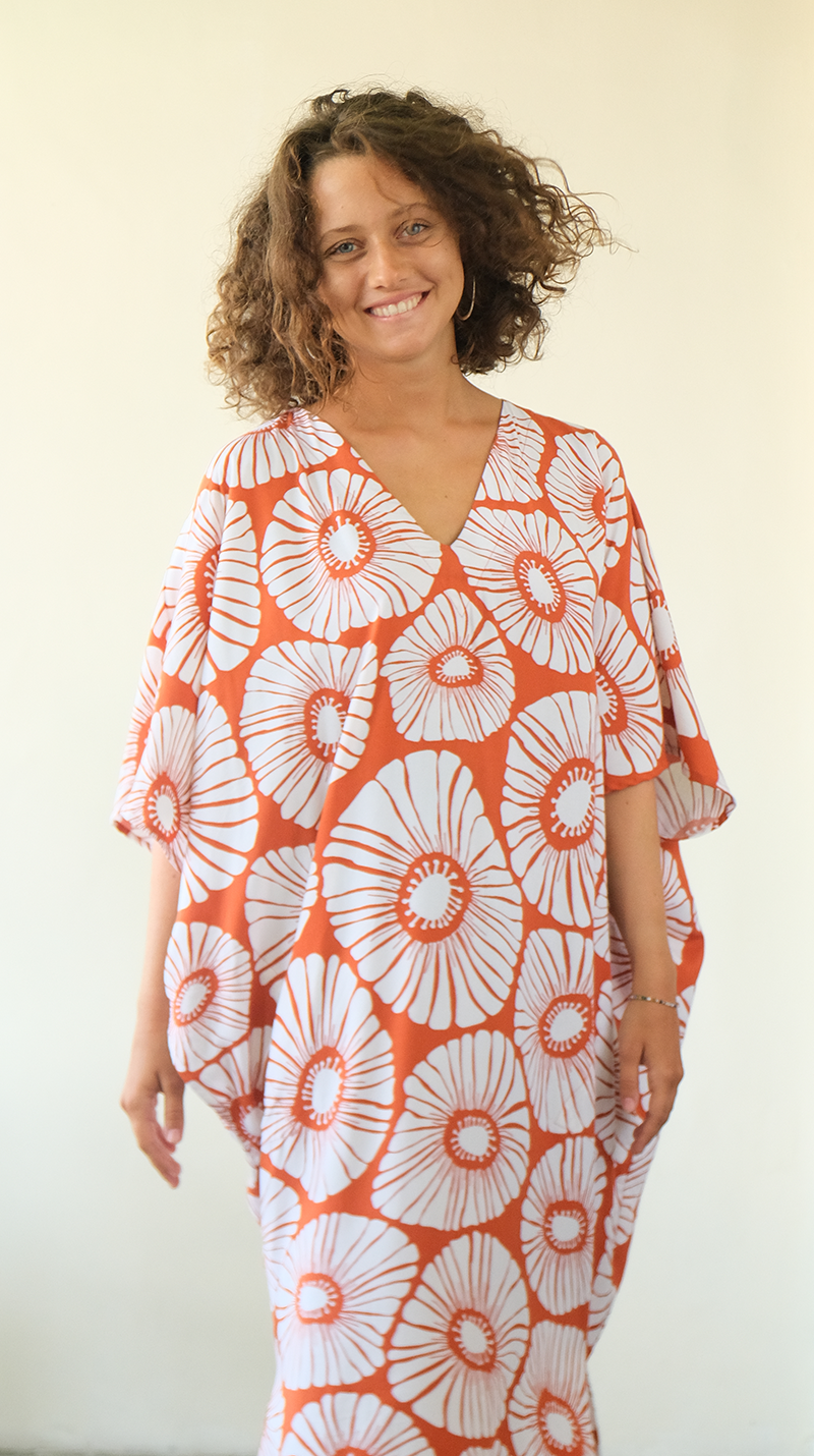 Retro Flower Rust Kaftan Dress, 1 size - SALE CLOTHING & KIDS
