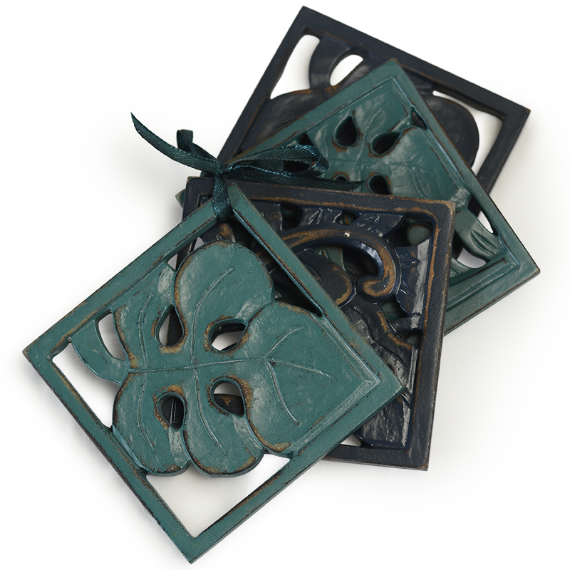 Navy Teal Leaf Wooden Coaster, Set of 4 - SALE HOMEWARES
