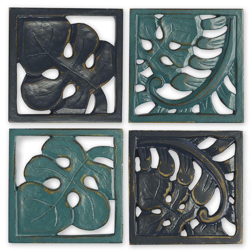 Navy Teal Leaf Wooden Coaster, Set of 4 - SALE HOMEWARES