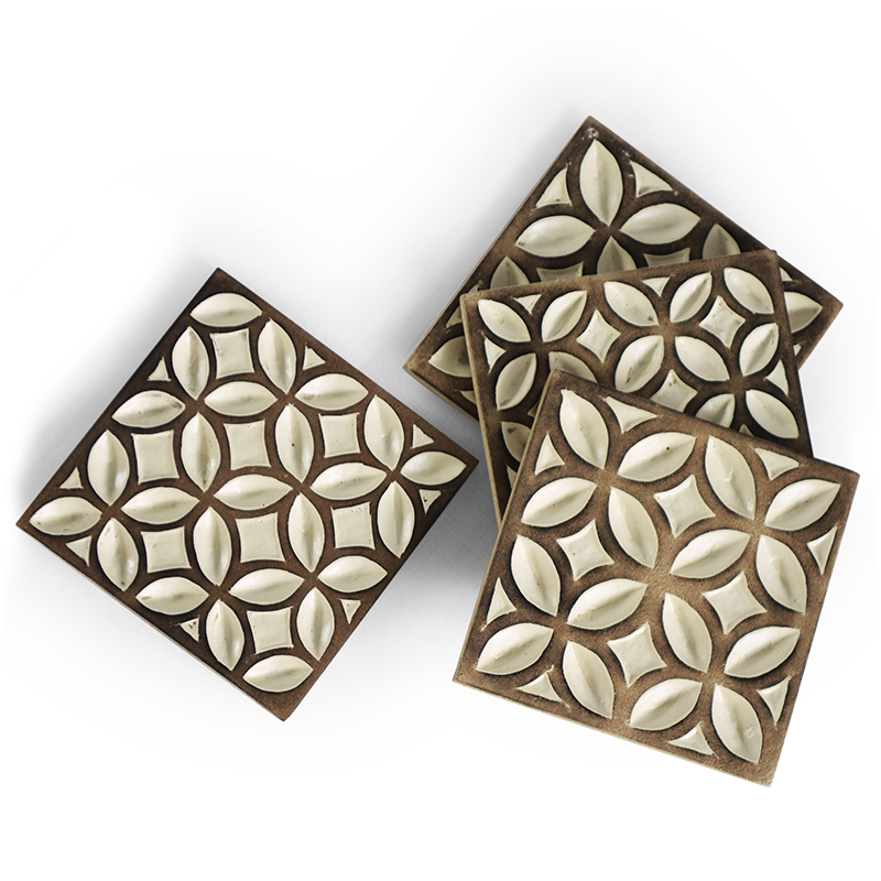 Carved Wooden Coaster, Taupe, Set of 4