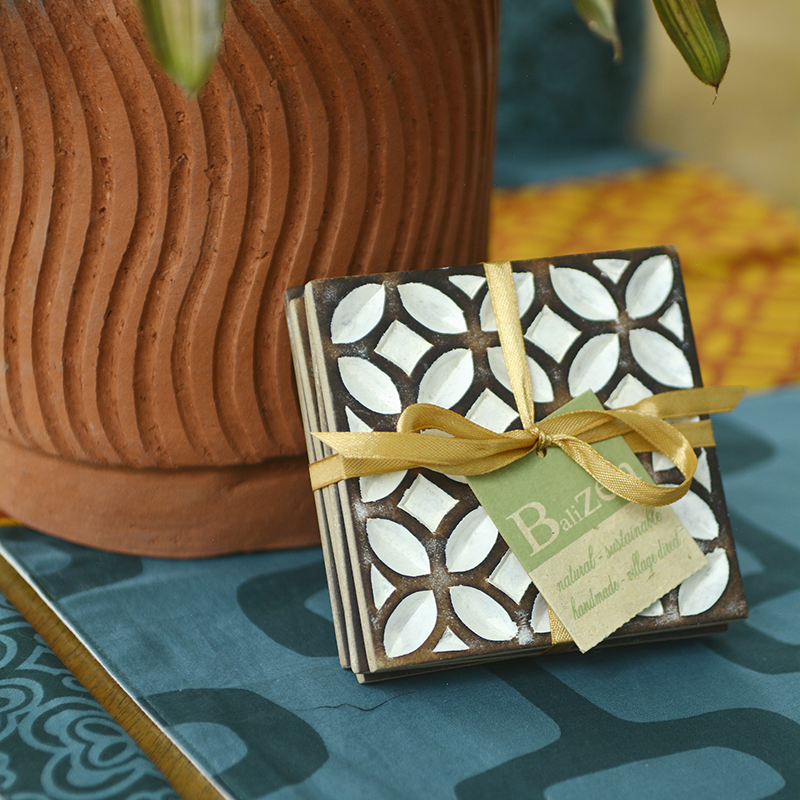 Carved Wooden Coaster, Taupe, Set of 4