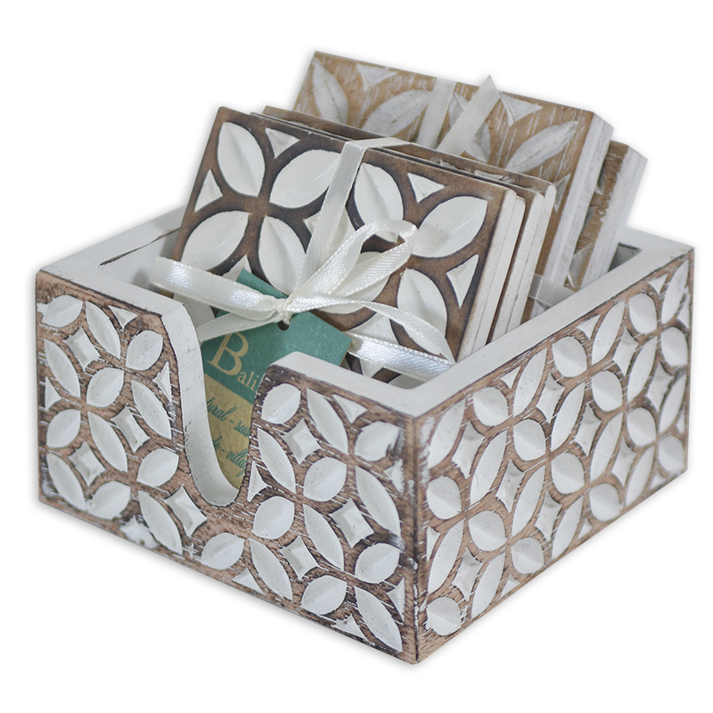 Carved Whitewash Coaster Caddy