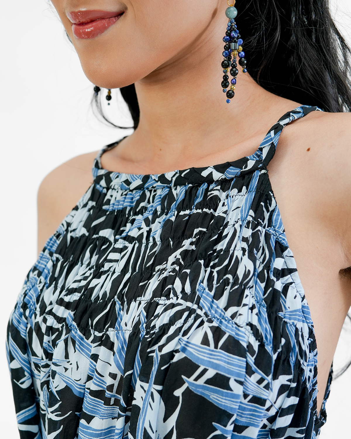 Gaun Panjang Musim Panas Tencel Biru Hitam, Ukuran 1