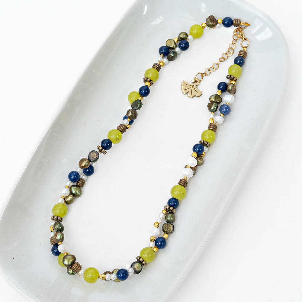 Double Strand Necklace Green & Blue