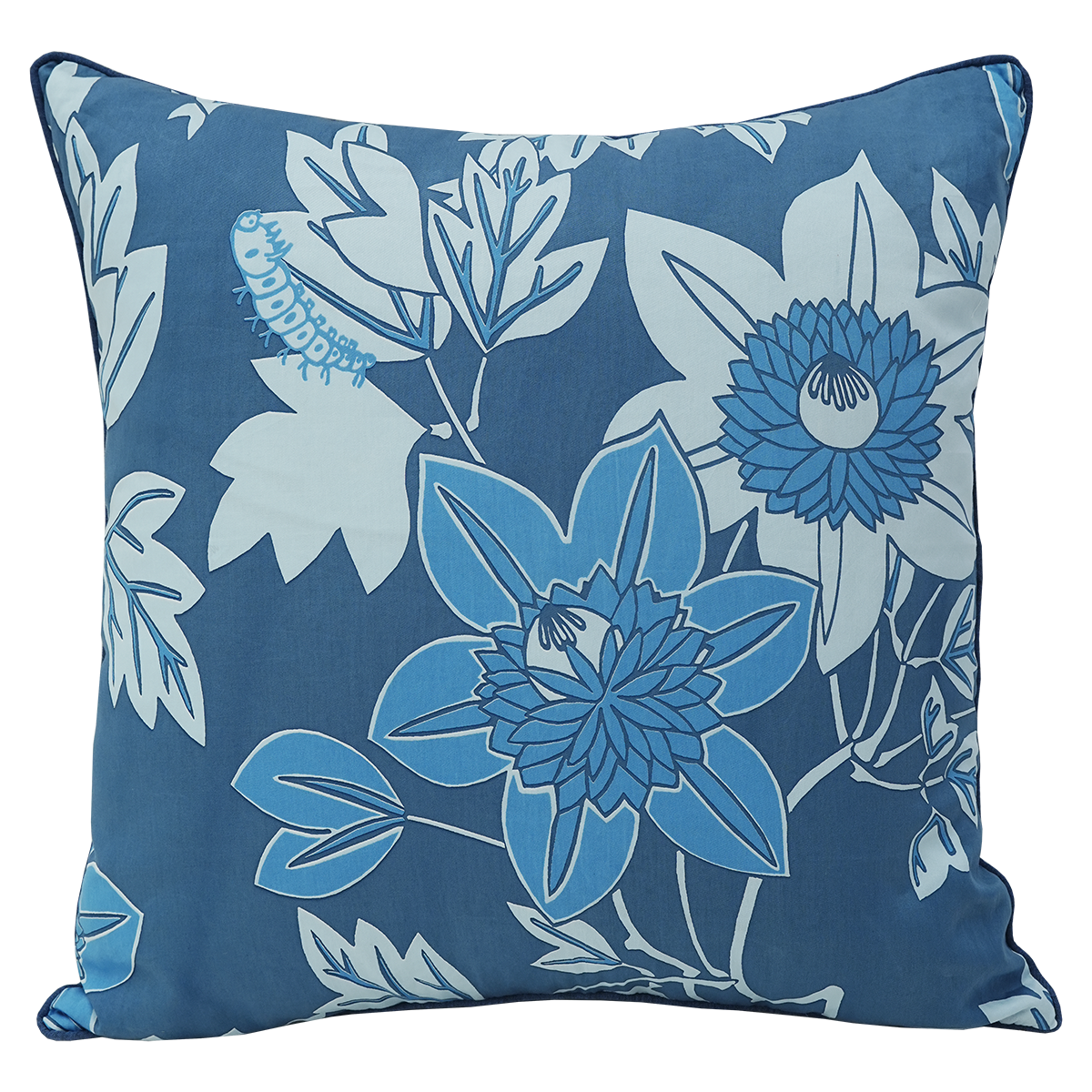 Sarung Bantal Organik Motif Bunga Markisa Besar Warna Biru, 50cm