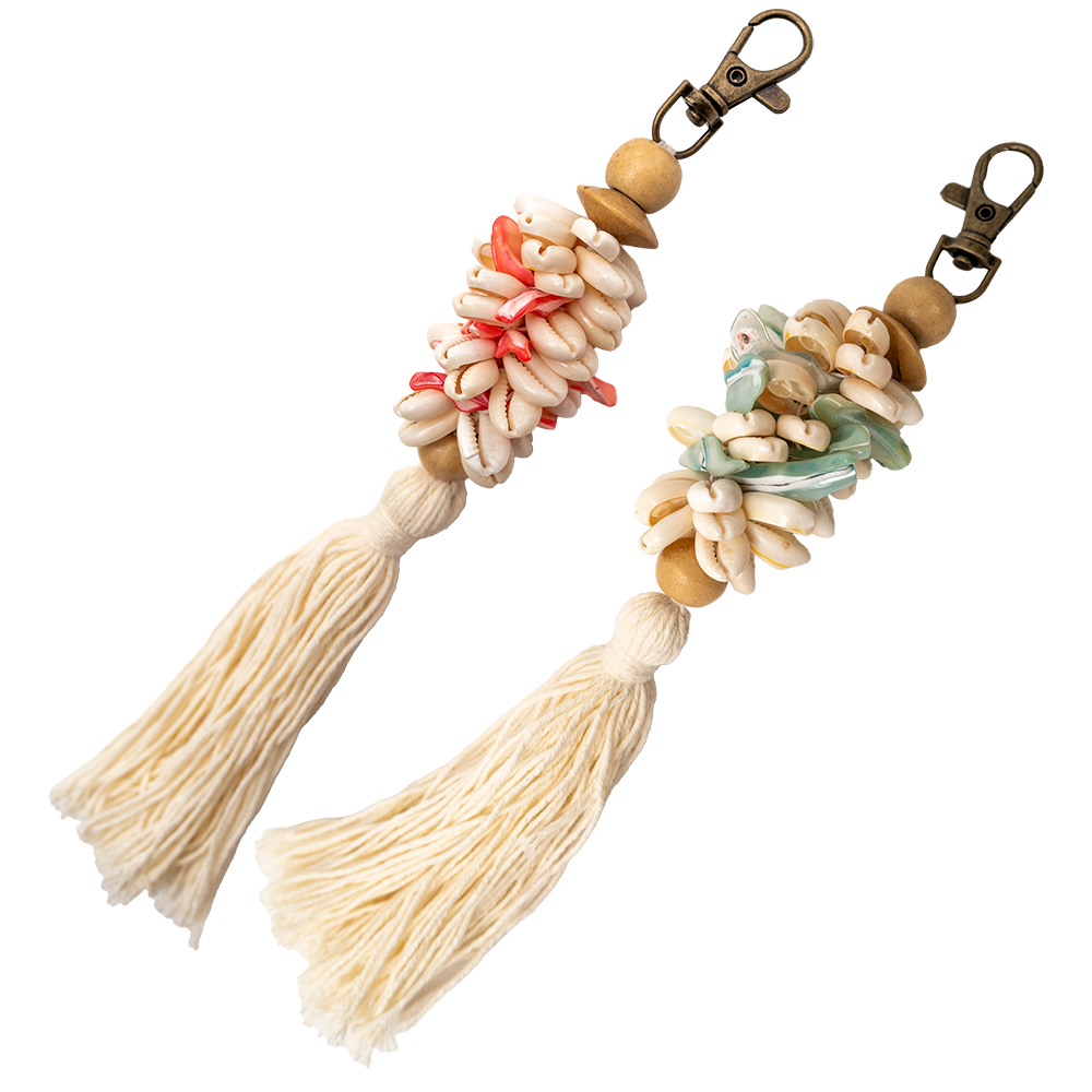 Aqua Shell & Cotton Tassel Fobs