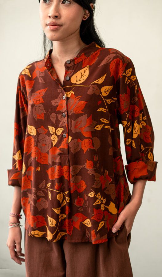 Blus Rayon Bougainvillea Coklat, 2 ukuran