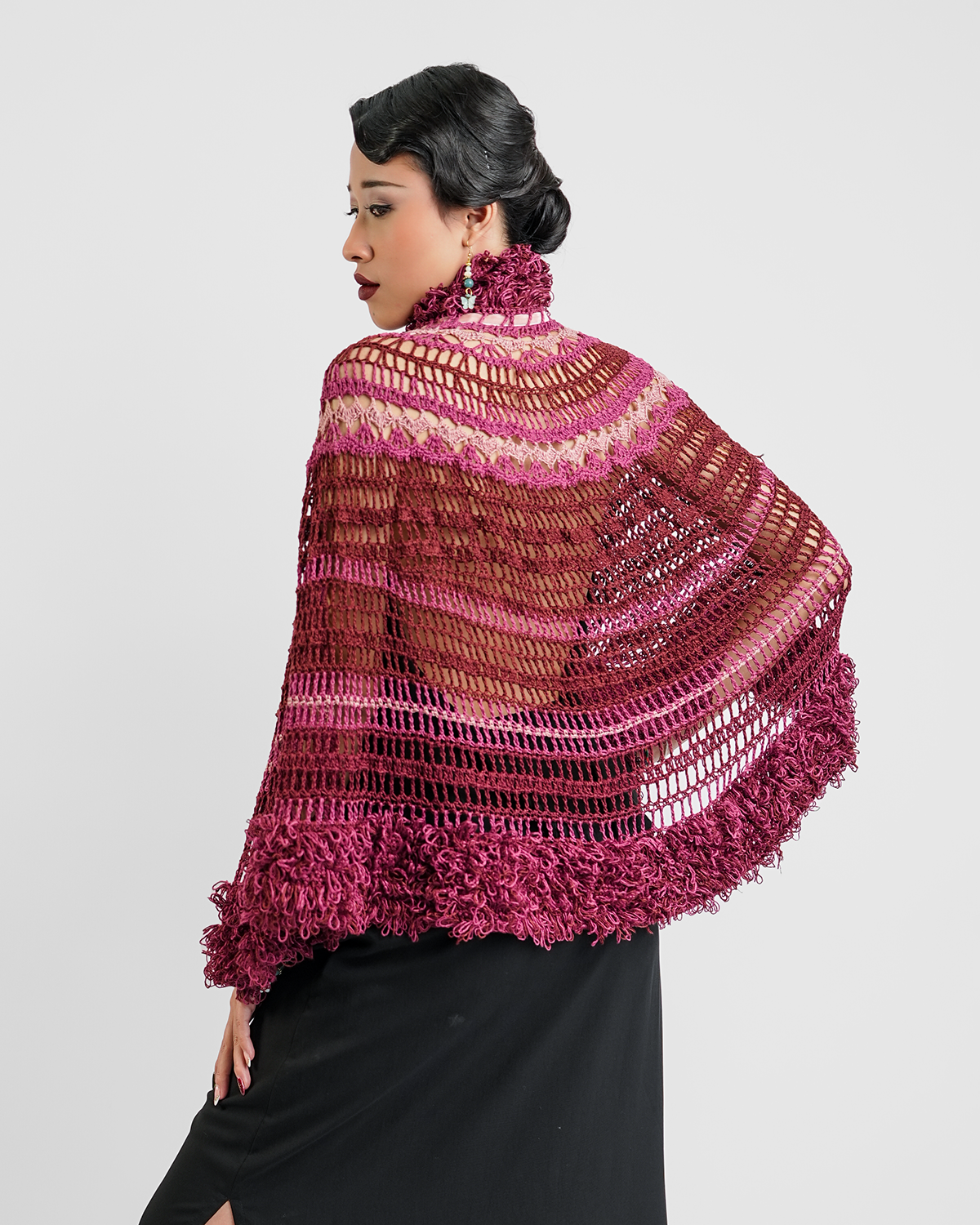 Claret Fluffy Trim Crocheted Capelet, 1 size