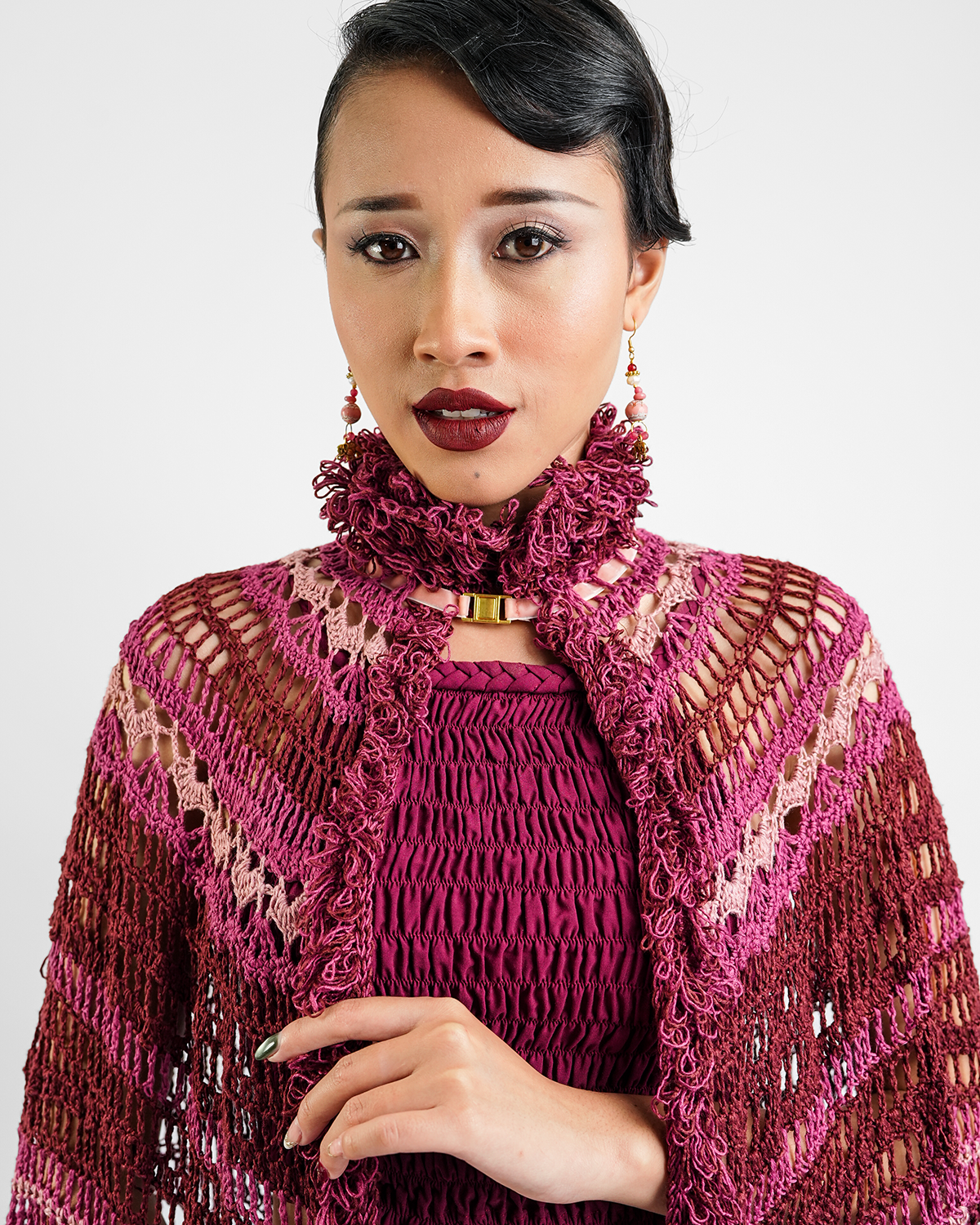 Claret Fluffy Trim Crocheted Capelet, 1 size