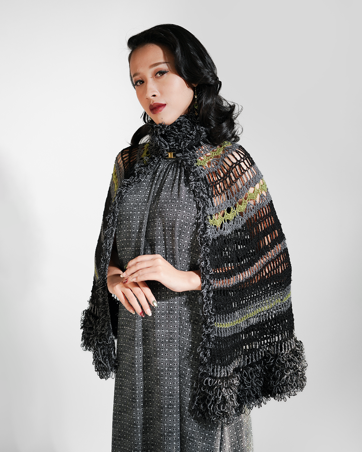 Onyx Fluffy Trim Crocheted Capelet, 1 size